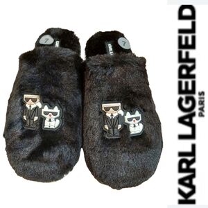 Karl Lagerfeld Paris Jacqui Black Faux Fur Slippers